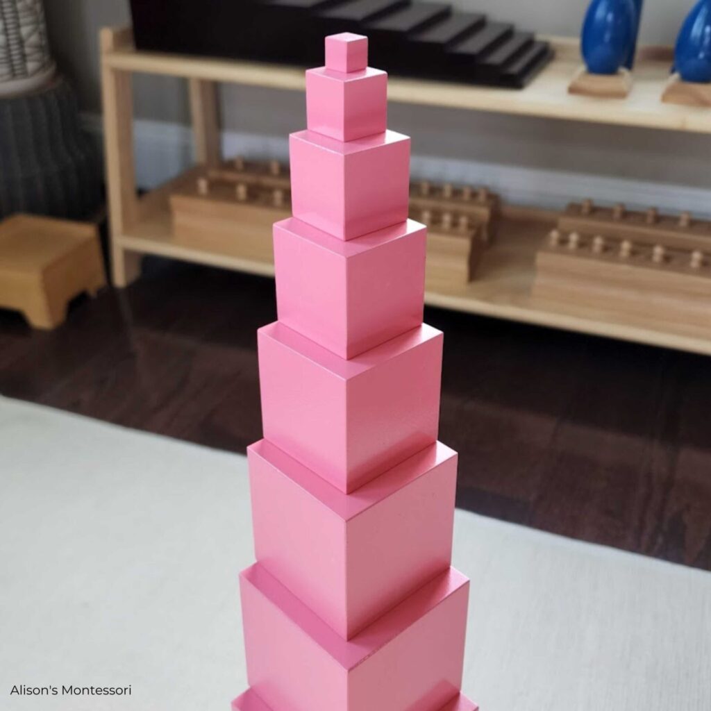 tower of pink blocks at Alison's Montessori school