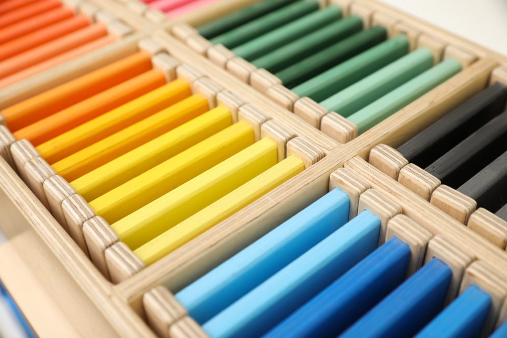 Collection of wooden color blocks at Montessori school